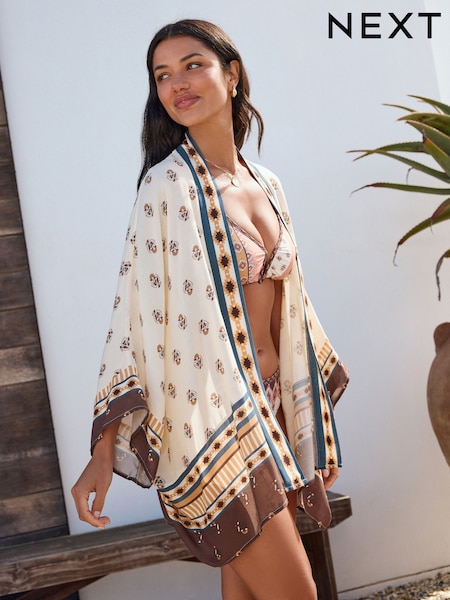 Woodblock Print Short Kimono Cover-Up (F33360) | R$ 280