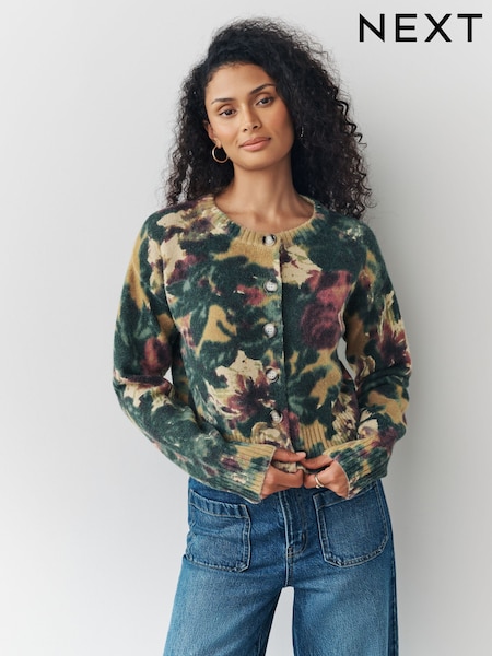 Ochre Yellow/Green Floral Print Crew Neck Knitted Cardigan (F33417) | €45