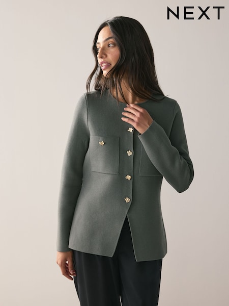 Khaki Green Smart Button Up Knitted Jacket (F33420) | €47