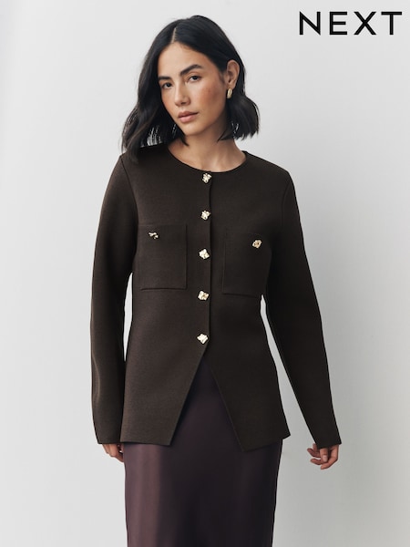 Chocolate Brown Smart Button Up Knitted Jacket (F33421) | €47