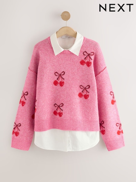 Bright Pink Cherry Shirt Layer Knitted Jumper With Wool (F33422) | 198 QAR