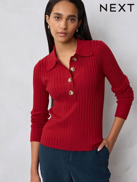 Cherry Red Ribbed Long Sleeve Polo Jumper (F33423) | €30
