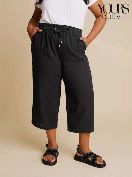 Yours Curve Black Linen Cropped Profile Pockets Trousers (F33470) | €36
