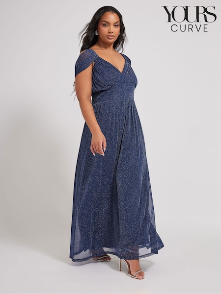 Yours Curve Blue London Metallic Mesh Cold Shoulder Dress (F33524) | $87