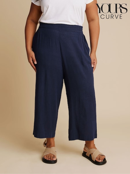 Yours Curve Blue Linen Cropped Pull On Wide Leg Trousers (F33525) | €36