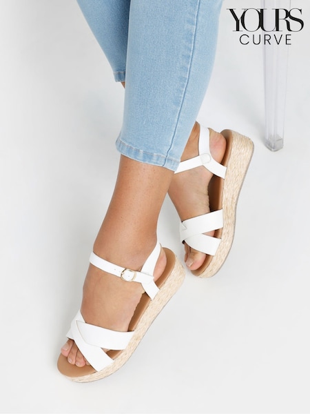 Yours Curve White Extra-Wide Fit Cross Espadrille 100% Linen Wedges (F33530) | $59