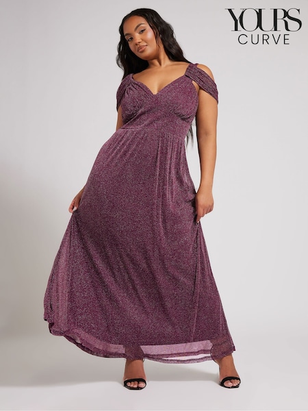 Yours Curve Purple London Metallic Mesh Cold Shoulder Dress (F33539) | ₪317