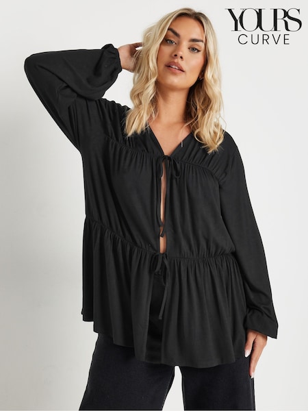 Yours Curve Black Tie Front Gathered Tiered Blouse (F33540) | €42