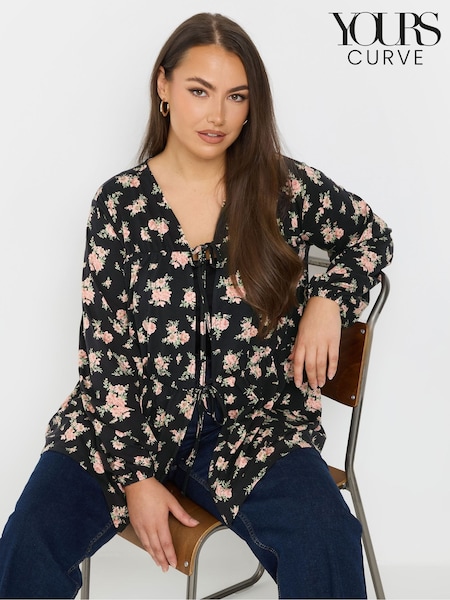 Yours Curve Black Tie Front Floral Blouse (F33542) | AED169