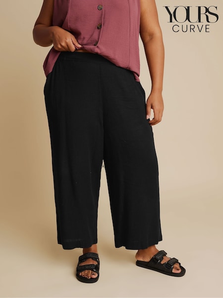 Yours Curve Black Linen Cropped Pull On Wide Leg Trousers (F33544) | €44