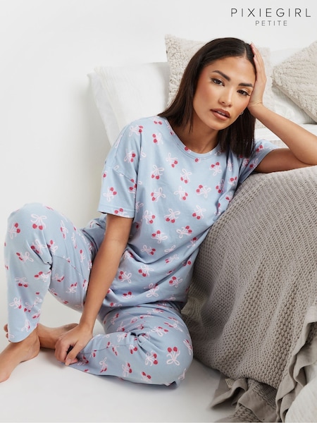 PixieGirl Petite Blue Cherry Bows Tapered 100% Cotton Pyjama Set (F33550) | R$ 285