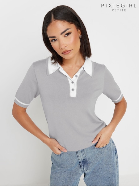 PixieGirl Petite Grey Tipping Knitted Polo Shirt (F33565) | kr414