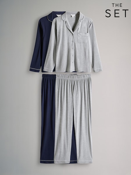 The Set Navy/Grey Marl 2 Pack Viscose Blend Button Through Long Pyjamas with Piping (F33840) | R$ 315