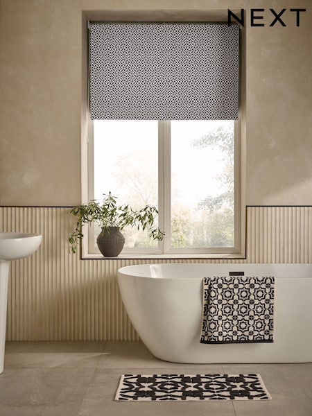 Black/White Ready Made Bathroom Blackout Tile Geo Print Roller Blind (F33885) | €31 - €72