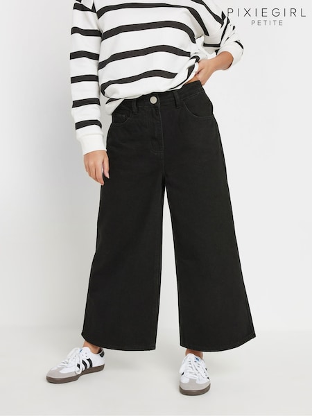 PixieGirl Petite Black Wide Leg Denim Cropped 100% Cotton Jeans (F33909) | $47