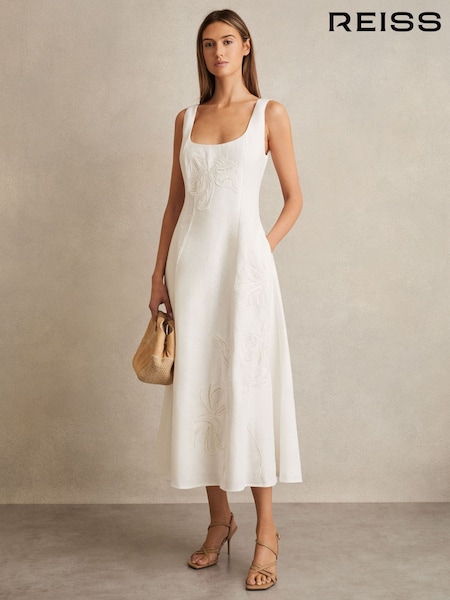 Reiss Ivory Elise Linen Floral-Embroidered Midi Dress (F33971) | €393