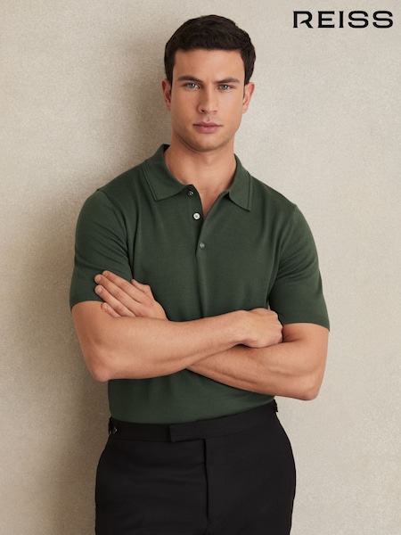 Reiss Kale Green Manor Merino Wool Short-Sleeve Polo Shirt (F33972) | 647 QAR