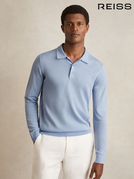 Reiss Soft Blue Trafford Merino Wool Long Sleeve Polo Shirt (F33981) | €129