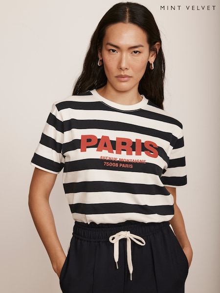 Mint Velvet Blue 100% Cotton Striped Slogan T-Shirt (F33992) | kr700
