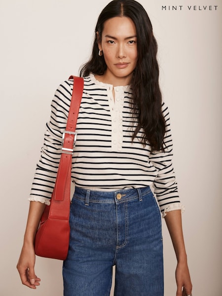 Mint Velvet White 100% Cotton Striped Henley Top (F33993) | kr842