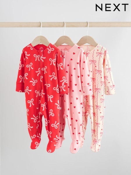 Red Bow Two Way Zip Baby Sleepsuits 3 Pack (0-2yrs) (F34044) | €28 - €30