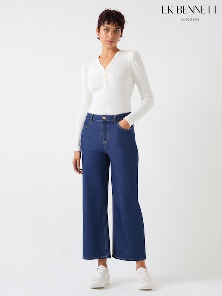 LK Bennett Cream Carla Cotton Blend Rib Puff Sleeve Henley Long Sleeve Top (F34068) | $138