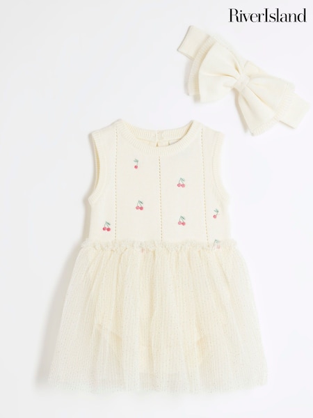 River Island Cream Baby Girls Cherry Embellished 100% Cotton Tutu Dress (F34197) | 129 QAR