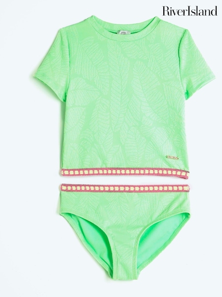 River Island Green Girls Palm Textured T-Shirt Bikini (F34202) | €27