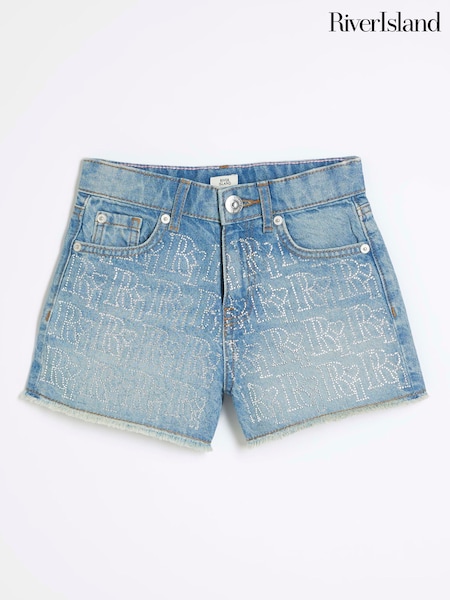 River Island Blue Girls Diamonte Mom 100% Cotton Shorts (F34205) | €26