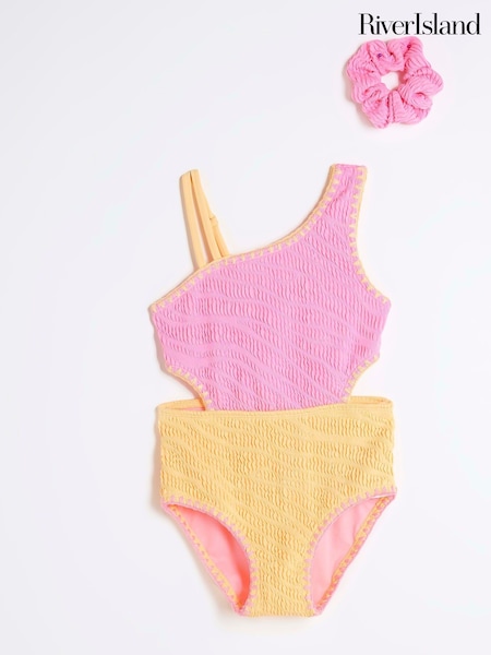 River Island Pink Girls Blocked Textured Swimsuit (F34227) | €26