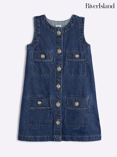River Island Blue Girls Button Denim Shift 100% Cotton Dress (F34260) | €40