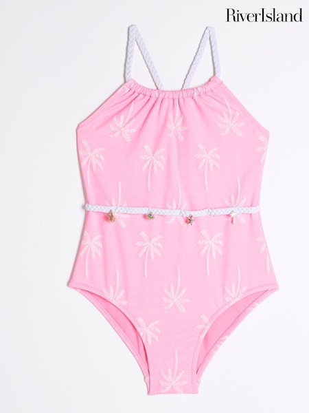 River Island Pink Light Girls Stripe Charm Belt Swimsuit (F34264) | CA$51