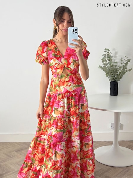 Style Cheat Red Tiered Floral Maxi Zoe Puff Sleeve Dress (F34299) | 371 QAR