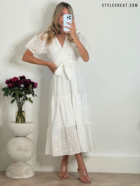 Style Cheat White Wrap Front Belted Broderie Claudia Midi Dress (F34300) | €83