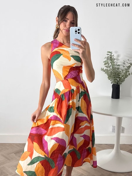 Style Cheat Orange Tropical Print One Shoulder Printed Jasmine Midi Dress (F34307) | R$ 610