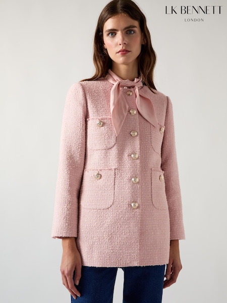 LK Bennett Pink Rosie Soft Blend Round Neck Long Line Tweed Jacket (F34332) | €499