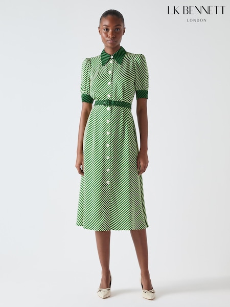 LK Bennett Green Val Petite Treetop Birch Viscose Printed Viscose Shirt Dress With Belt (F34338) | kr4 269