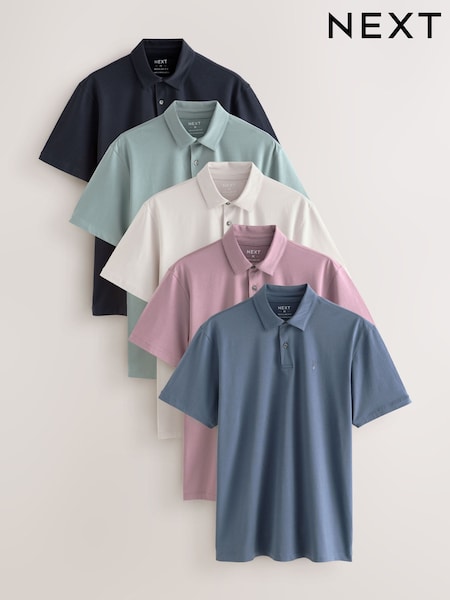Black/Ecru/Blue/Green/Pink Regular Fit Short Sleeve Jersey Polo Shirts 5 Pack (F34370) | €77
