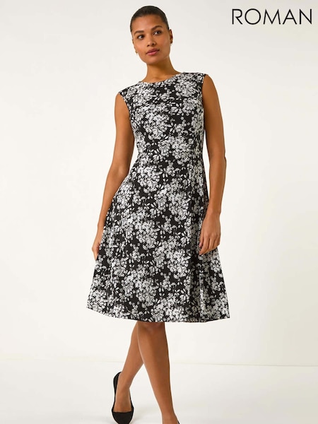 Roman Black Floral Print Puff Gathered Midi Dress (F34379) | R$ 580