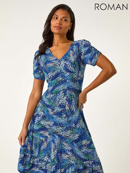 Roman Blue Abstract Button Tea Dress (F34380) | €73