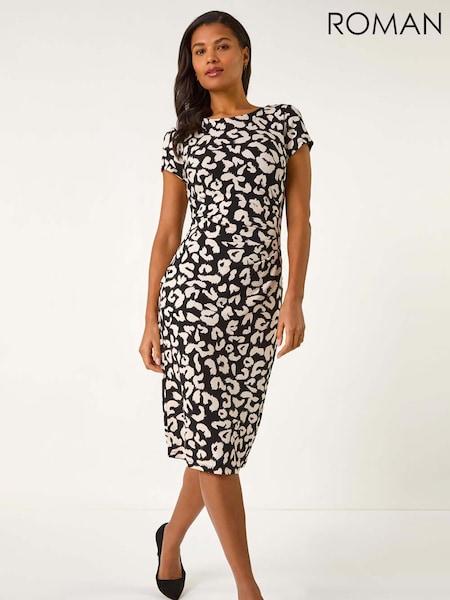 Roman Black Abstract Animal Print Gathered Shift Dress (F34389) | OMR26