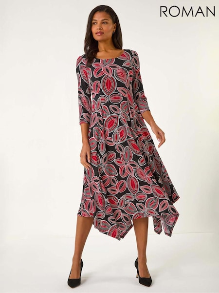 Roman Red Leaf Print Hanky Hem Stretch Midi Dress (F34397) | €69