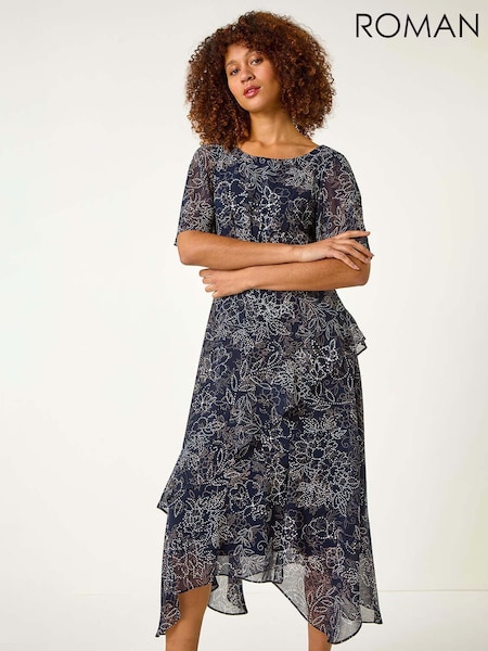 Roman Blue Floral Print Spot Frill Midi Dress (F34404) | 346 QAR