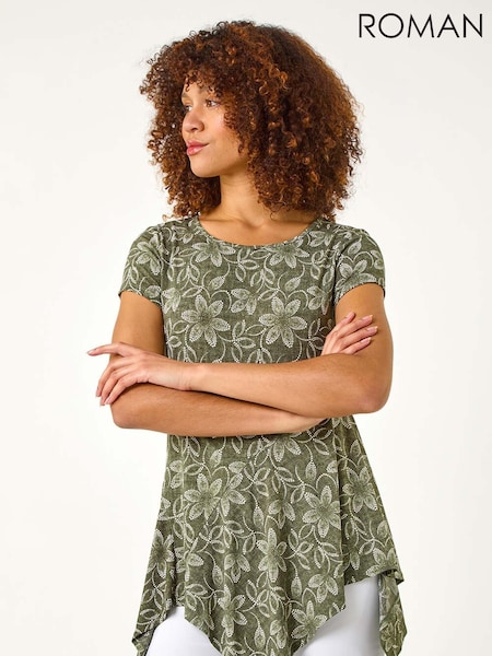 Roman Green Leaf Print Hanky Hem Stretch Top (F34406) | R$ 385