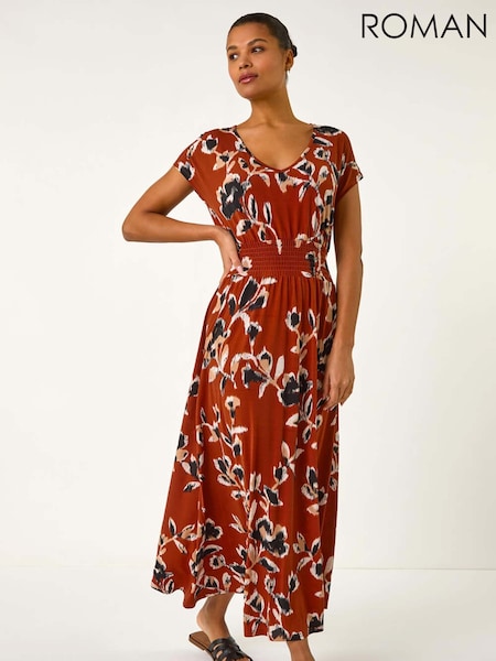 Roman Brown Abstract Print Ruched Waist Maxi Dress (F34408) | €69