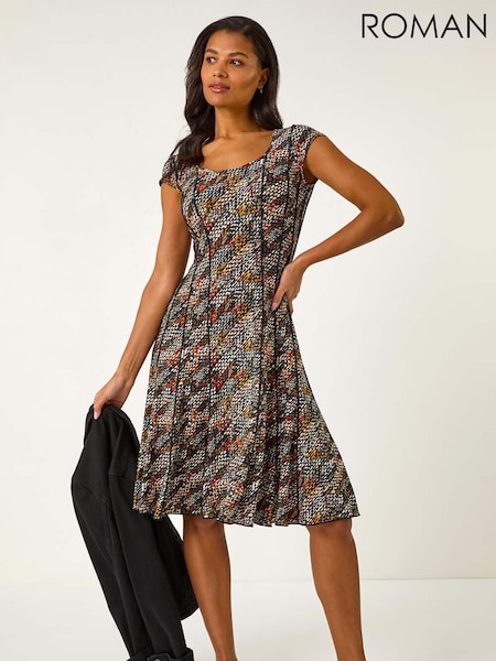 Roman Black Abstract Print Paneled Midi Dress (F34409) | R$ 605