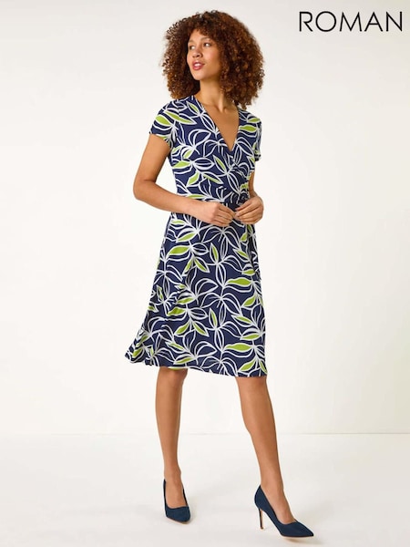 Roman Green Leaf Print Wrap Bodice Dress (F34411) | €78