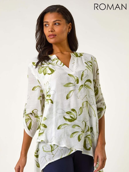 Roman Green/White Floral Print Pleat Front Top (F34412) | AED306