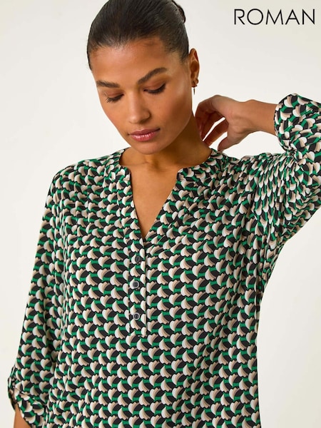 Roman Green Abstract Print V-Neck Button Stretch Shirt (F34425) | €53