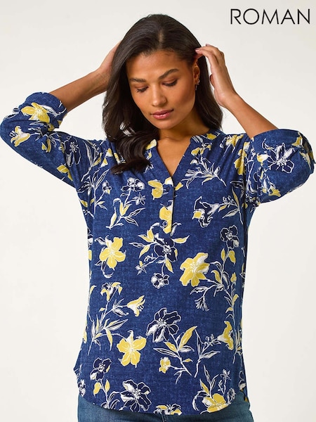 Roman Yellow Textured Floral Print V-Neck Stretch Shirt (F34426) | €51